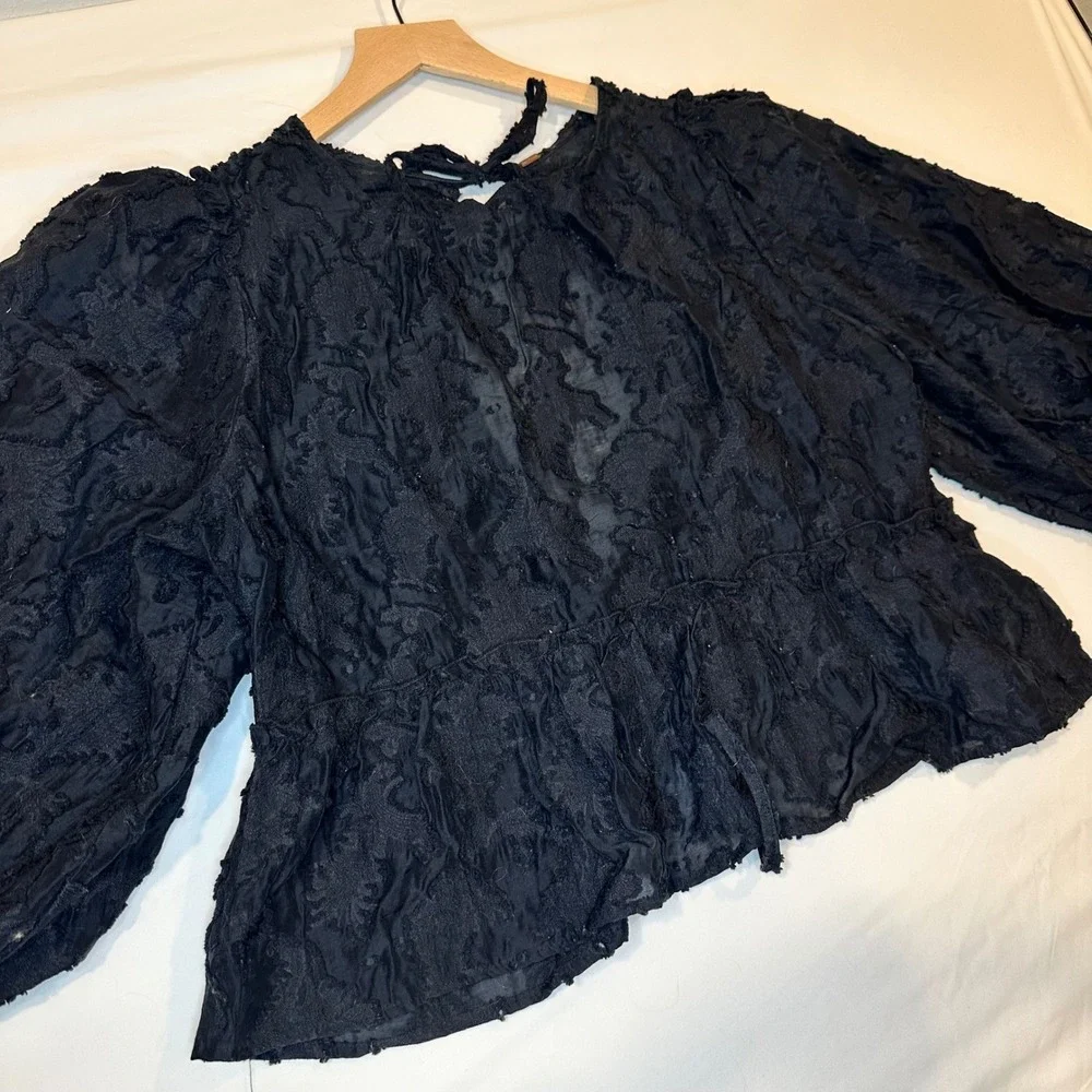 Free People Peplum Blouse Women Large Black Floral Textured Whimsigoth Fairycore